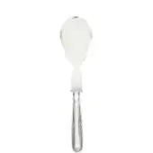 Clear plexiglass serving spoon, shallow bowl, rectangular handle with embossed fan detail, glossy finish, modern design.