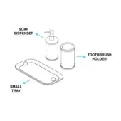 Bathroom set with gray tray, cylindrical soap dispenser with white pump, and matching toothbrush holder, minimalist design.