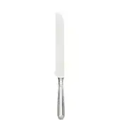 Silver bread knife with serrated blade, ornate polished silver handle featuring embossed floral and geometric patterns, reflective metallic sheen.