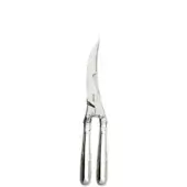 Poultry shears with a silver-metallic finish, curved serrated blades, and double-pronged handles featuring a ridged texture.