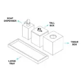 Bathroom set schematic with tall box, soap dispenser, tissue box, and large tray, illustrated with lines on a white background.