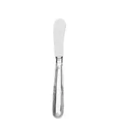 Silver-plated butter knife with rectangular blade, curved handle, floral detailing, and polished metallic sheen against a white backdrop.