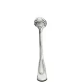 Silver ice tongs with scalloped head and fan pattern, polished shaft, curved handle, circular detailing, studio shot.