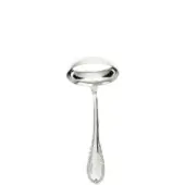 Silver sauce ladle with rounded bowl and textured handle, polished metallic sheen against a white backdrop.