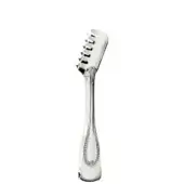 Silver spaghetti tongs with textured handles and flared head, studio shot on white background, polished metal utensil with rectangular slots.