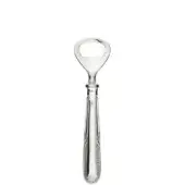 Silver bottle opener with embossed handle, curved head, and polished metal finish against a white backdrop.