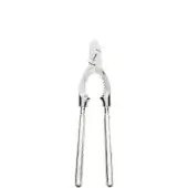 Silver champagne tongs with curved handles and ridged gripping jaws against a white backdrop.