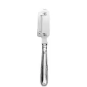 Lemon peeler, silver-toned metal, ornate handle with ridged texture and shell flourish, stainless steel blade, embossed emblem detail.