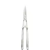 Silver lobster tongs with elongated handles and serrated blades against a white backdrop, featuring a textured grip and polished metal finish.