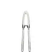 Nut cracker, silver-toned stainless steel, with serrated opening and etched tapered handles; Godingen brand embossed detail.