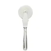 Silver pizza cutter with circular blade, ornate fluted handle, embossed floral detail, polished metal, studio product shot.