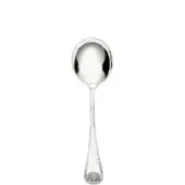 Silver soup spoon with rounded bowl, polished reflective surface, and embossed seashell handle detail on a white background.