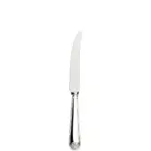 Silver steak knife with curved serrated blade, polished handle, floral end cap, and vertical etched lines against white backdrop.