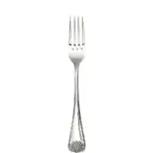 Stainless steel table fork with four tines, curved handle, and embossed seashell-floral design against a white backdrop.