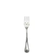 Silver fish fork with four tines, slender handle, and embossed shell detailing, presented on a white background.