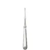 Silver lobster fork with elongated handle, embossed floral detail, and three-pronged tip for seafood dining, studio shot.