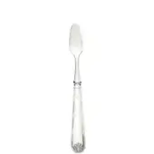 Sterling silver shellfish knife with curved blade, ribbed handle, and shell motif, displaying polished finish and hallmark details on white background.