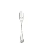Silver dessert fork with three tines, elongated handle, and shell motif, polished reflective finish on a white background.