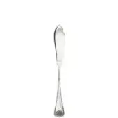 Silver dessert knife with curved blade, slender handle, and seashell motif, studio shot on white background.