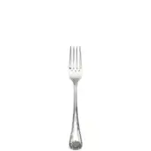 Silver fruit fork, stainless steel, four rounded tines, slender handle, ornate shell-shaped base, polished reflective finish.