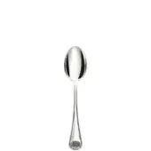 Silver fruit spoon with elongated oval bowl and floral handle motif, polished reflective finish, traditional elegant design.