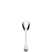 Silver ice cream spoon with oval bowl, tapered handle, and seashell detail against a white backdrop.