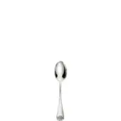 Silver coffee spoon with oval bowl, slender handle, and embossed seashell detail, displayed on a white background.