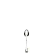 Silver coffee spoon with oval bowl and slender handle, detailed with shell-like motifs, displayed on a white background.