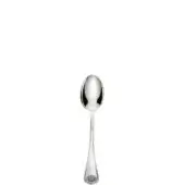 Silver teaspoon with oval bowl, slender handle, and seashell motif detailing, displayed on a white background.