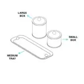 Bathroom set white cylindrical containers and clear acrylic tray, technical illustration, product schematic, rounded shapes.