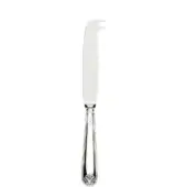 Silver cheese knife with flat blade, notched tip, and ribbed handle featuring a floral motif, studio shot on white background.