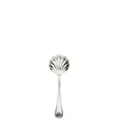 Silver cheese spoon with scalloped seashell bowl and embossed handle detail, polished metal, traditional ornate design on white background.