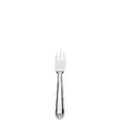 Silver parmesan fork, fluted handle, floral motif, curved tines, polished finish, classic tableware design against a white backdrop.