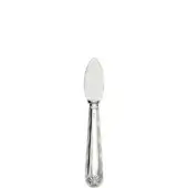 Silver parmesan knife, teardrop blade, fluted handle with floral motif, polished metal, formal tableware design, white background.
