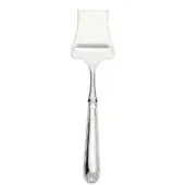 Silver parmesan slicer, rectangular blade, fluted handle, floral base, polished metal, studio product shot, white background.