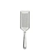 Silver parmesan grater with rectangular grating surface, slender handle, and embossed “REFLX MADE IN ITALY” text on a white background.