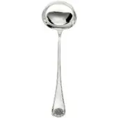 Silver ladle with rounded bowl and slender handle, featuring an embossed shell motif at the base, studio shot on white.