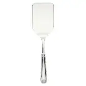 Silver lasagna server, rectangular blade with seashell embossing, curved handle, polished metal finish, vertical ridges near blade.