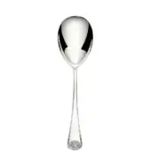 Silver serving spoon with oval bowl, polished reflective surface, and slender handle featuring a stylized seashell end detail.