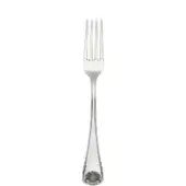 Silver serving fork with four tines, curved handle, and shell motif, polished metal reflects light against a white backdrop.
