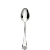Silver serving spoon, polished sterling silver, elongated oval bowl and ornate scallop-patterned handle, studio product shot.