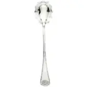 Silver spaghetti serving spoon with perforated oval bowl and shell-shaped finial, polished reflective metal, slender curved handle.