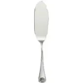 Silver fish server knife with curved blade, scalloped edge, and embossed seashell handle detail against a white backdrop.