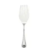Silver fish server with broad tines, curved handle, and seashell-shaped end, displayed on a white background in studio lighting.