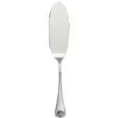 Cake server knife, silver-toned stainless steel, curved blade with scalloped edge and seashell handle detail.