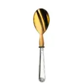 Horn serving spoon with amber and brown swirling pattern, polished silver handle, and scrolled detail against a white backdrop.