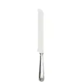 Silver bread knife, stainless steel blade, rectangular shape, polished silver handle with floral motif, classic utensil design.