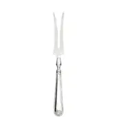 Silver carving fork, slender handle, floral motif, polished finish, pointed tines, ribbed design, stamped markings, white background.