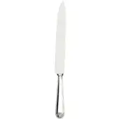 Carving knife with polished steel blade, silver metal handle, floral motif, and vertical fluting against a white background.