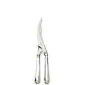 Silver poultry shears with curved handles and floral details, serrated blades, and a visible screw joint on a white background.